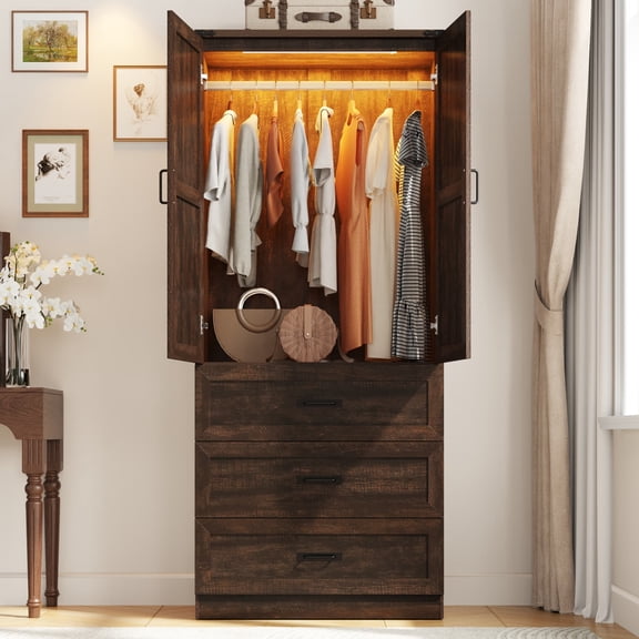 Blotout 75" Rustic Farmhouse Wardrobe Closet with 3 Drawers & LED Sensor Light, 2 Doors Wood Armoire Clothing Storage Cabinet with Hanging Rail for Bedroom