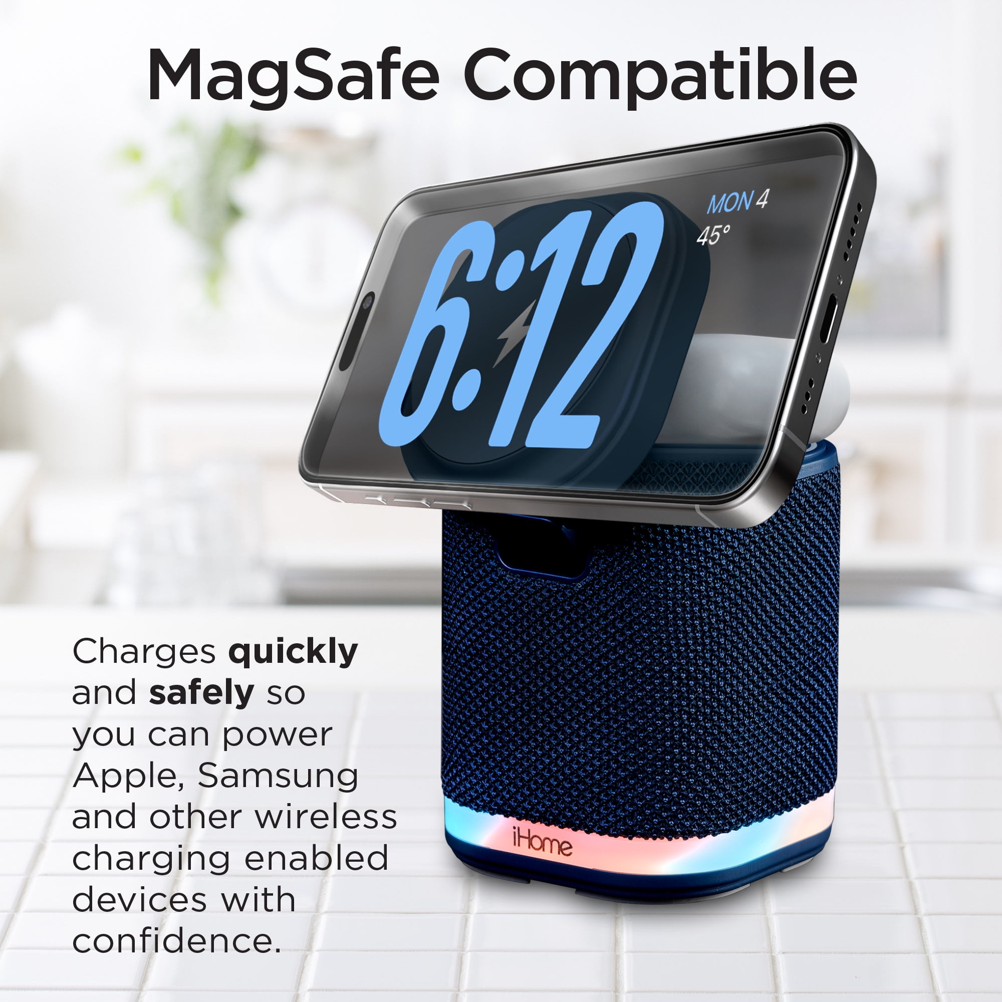 iHome Bluetooth Speaker with Wireless Charger, Charging Station with Color Changing Night Light