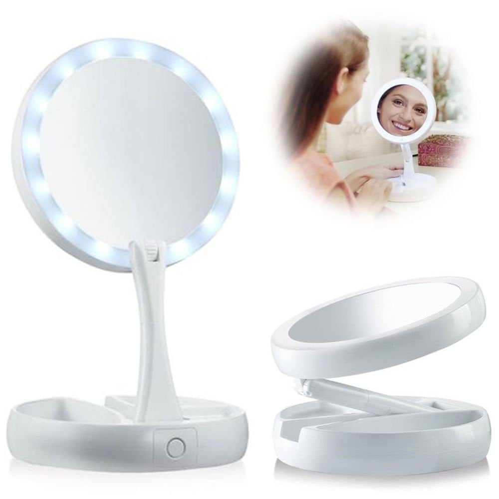 Double Sided Foldaway Makeup Mirror 1x 10x Magnifying Cosmetic Daylight Led Lighted Illuminated Flexible Fold Adjustable Anti Slip Pad