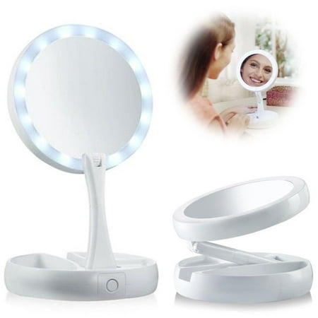 Double Sided Foldaway Makeup Mirror,1X/10X Magnifying Cosmetic Mirror Daylight LED Lighted Illuminated Flexible Fold Mirror Adjustable Anti-slip Pad Portable Cordless Travel Bathroom Table Home (Best Lighted Travel Mirror)