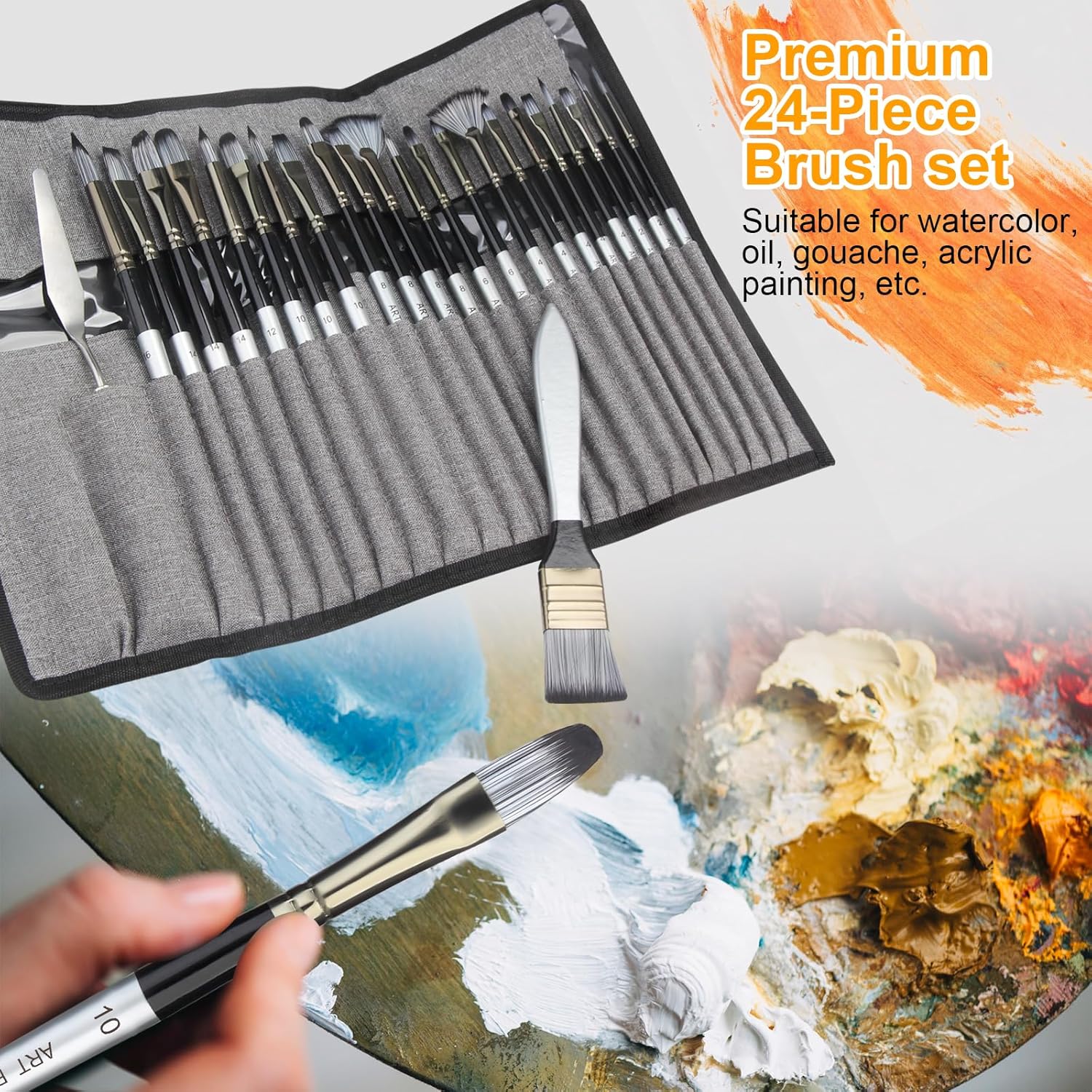 JJEAN-Paint Brushes Set, 24 Pcs Synthetic Acrylic Paint Brushes with Cloth Pouch and Palette Knife, Professional Artist Brushes for Acrylic Painting, Oil, Watercolor, Gouache, Face Painting (Grey)
