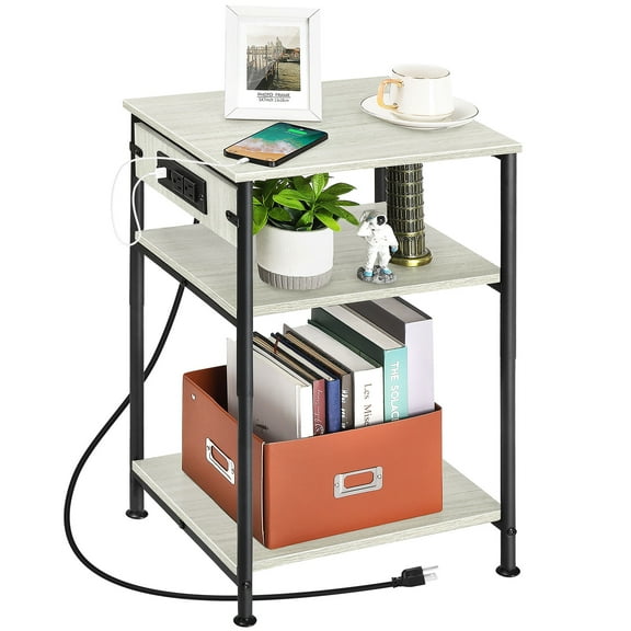 3-Tier Side Table with Built-in Power Strip in Gray