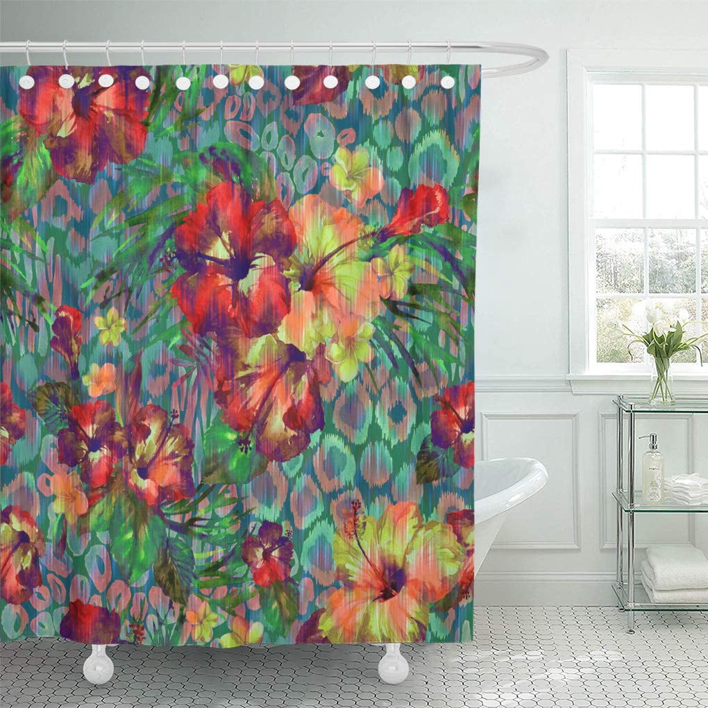 Yusdecor Flowers Pattern Blossom Tropical Plants And Hibiscus On Chevron Bathroom Decor Bath Shower Curtain 66x72 Inch Walmart Canada