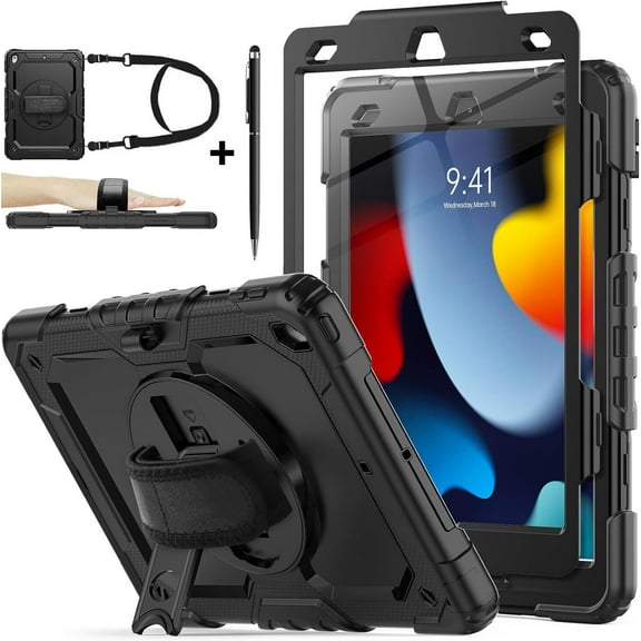 Protecvtive Case for iPad 10.2 inch 2021 2020 2019 Full Body Shockproof Cover with Screen Protector Pencil Holder Stand Hand Shoulder Strap Stylus Pen
