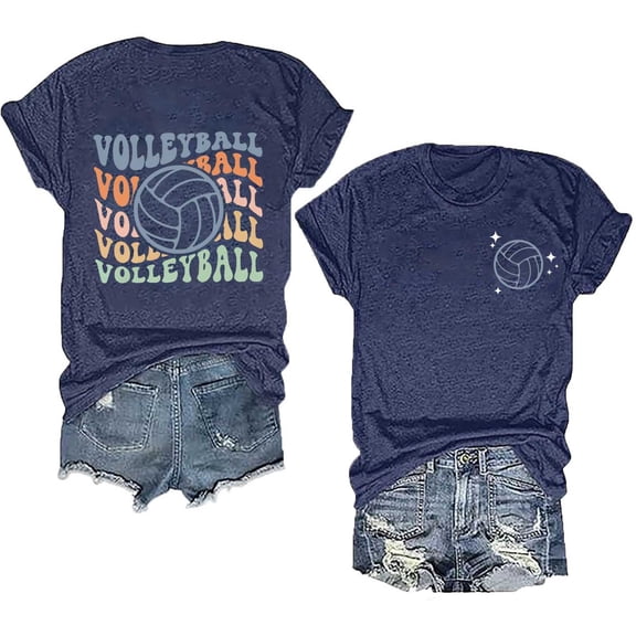 Volleyball T-Shirts Women Funny Volleyball Mom Shirts Graphic Casual Tee Tops Short Sleeve Sport Mom Tops Crewneck (Navy L)