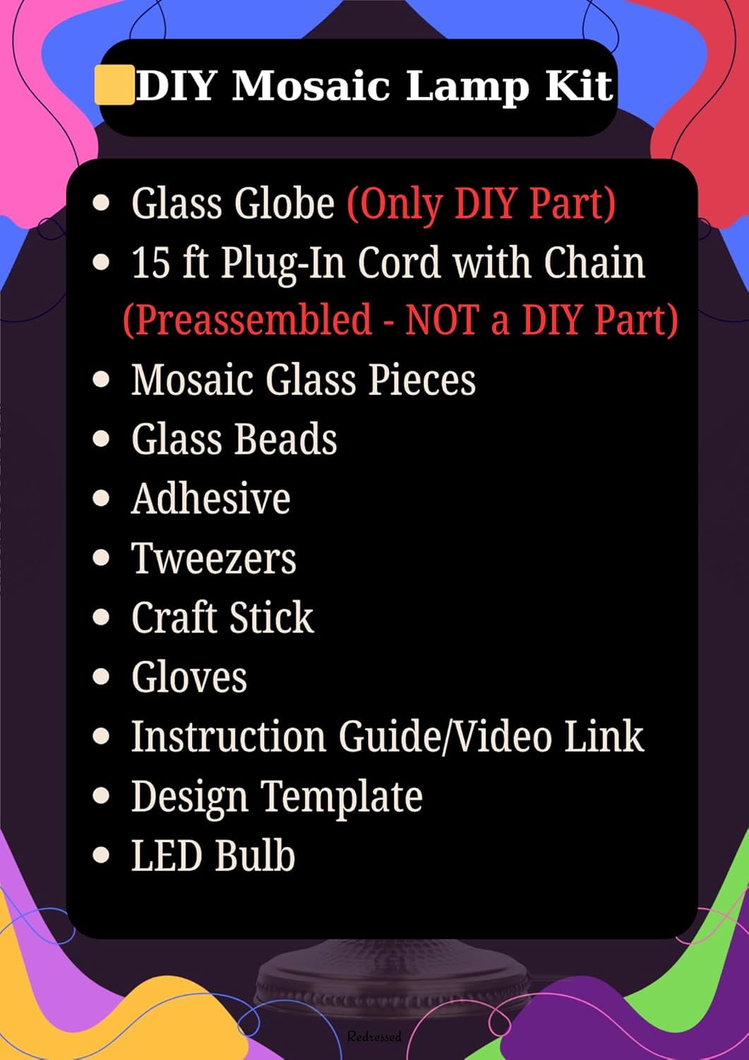 DEMMEX DIY Turkish Mosaic Plug-in Hanging Lamp Kit – NO Grout or Plaster, Beginner-Friendly – Complete Tiffany Mosaic Glass Light-Making Craft Project Kit for Adults and Teens (Pink)