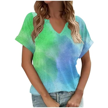 Raeneomay Oversized T Shirts for Women Tie Gradient Printing Tees Casual Short Sleeve Loose T Shirt Ladies Tops Blouses Shirts