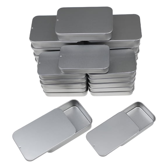ACDANC 24-Pack Slide Top Rectangular Metal Tin Containers for Candies Jewelry Crafts Pills Lip Balm Storage Survival Kit,Mixed Sizes (Silver)