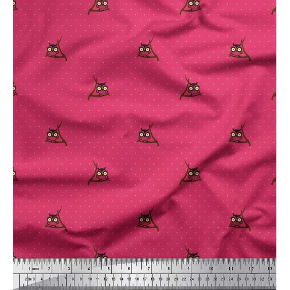 Soimoi Crepe Silk Fabric Dot & Owl Bird Print Fabric by The Yard 42 Inch Wide