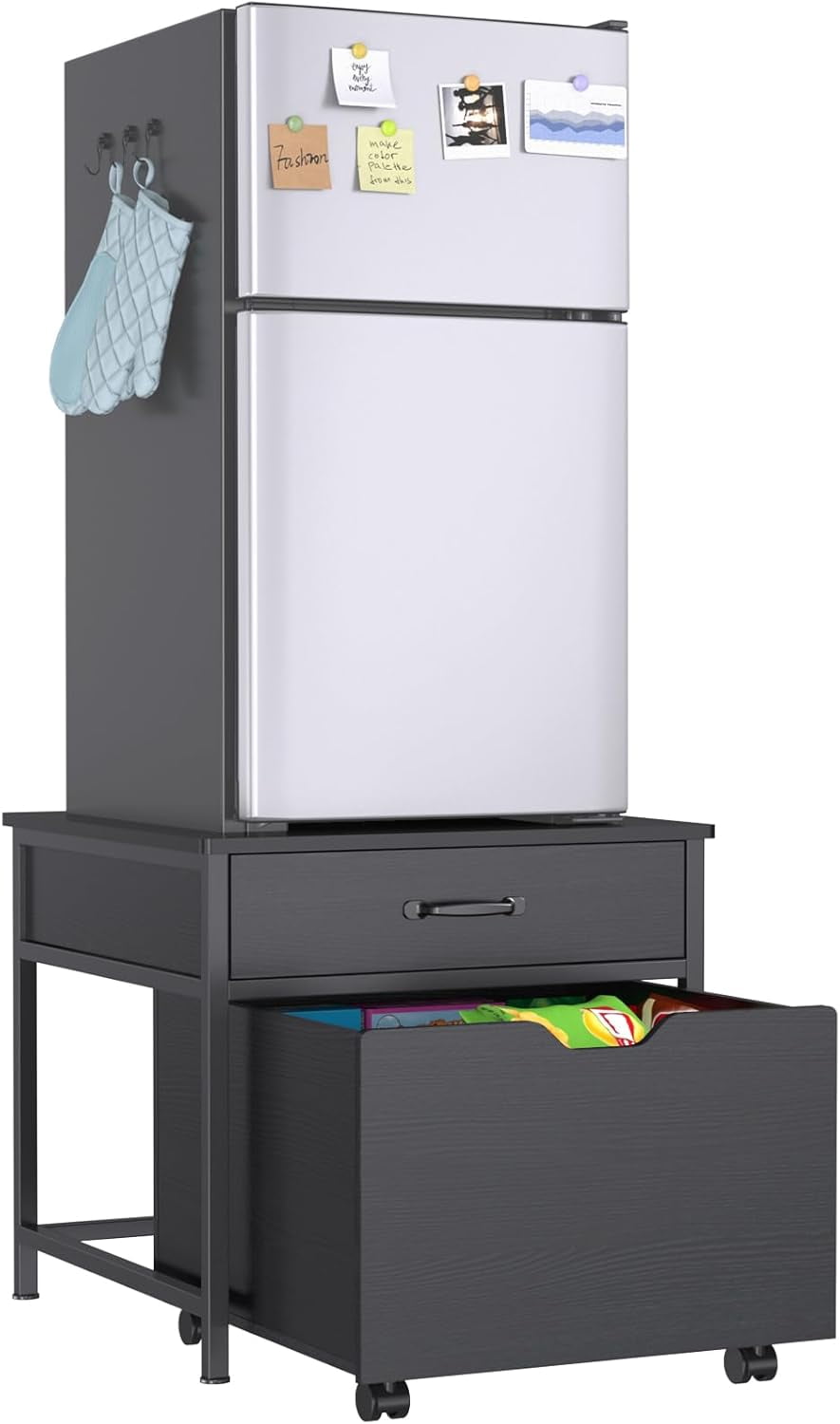 Mini Fridge Stand with Storage, Heavy Duty Mini Fridge Table with Rolling Cabinet 220LBS Capacity Tabletop for Dorm, Apartment,Office, Bedroom