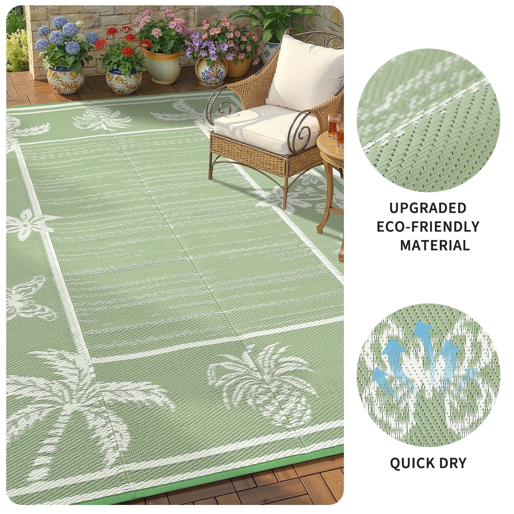 Garvee Outdoor Rug 9x12ft Waterproof Reversible Foldable Plastic Straw Rug, Tropical Leaf Border Outdoor Mat for Patio, Camping, RV, Deck, Porch, Balcony, Black Blue