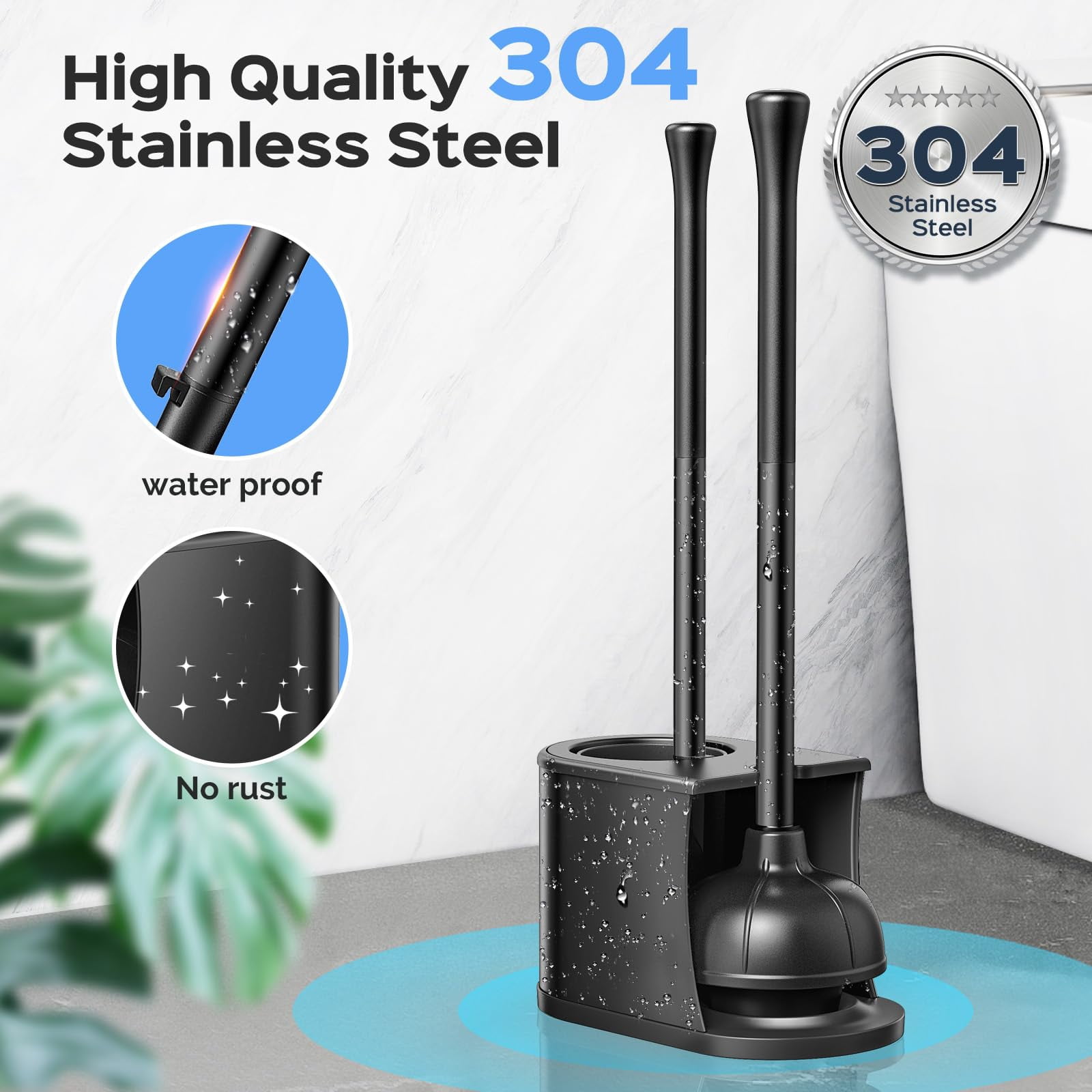 Toilet Plunger and Brush Set 2-in-1 Stainless Steel Black-1 for Bathroom Cleaning