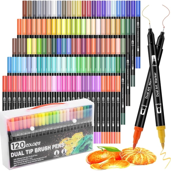 120 Colors Dual Markers Brush Pens, JUJURU Art Markers Colored Pens for Adult Coloring Books, Brush and Fine Point Dual Tip Artist Colored Marker Set for Drawing Adult Coloring Hand Lettering