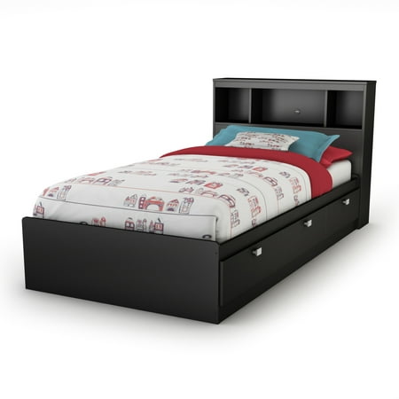 South Shore Spark 3-Drawer Storage Bed, Twin, Pure Black, with Bookcase Headboard