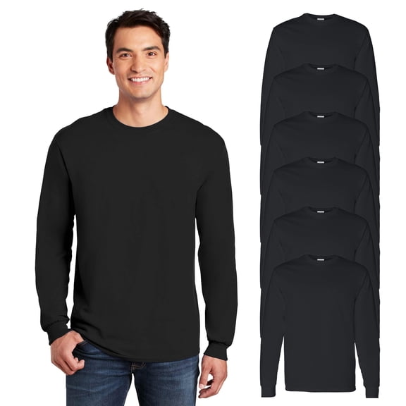 Gildan Heavy Cotton Long Sleeve T-Shirt for Men, Full Cotton, Bulk Tee, Black, Pack of 6, S