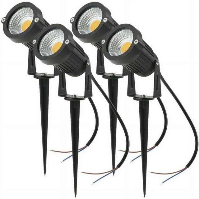 Juego de 4 focos LED de 5 W y 220 V, regulables, para jardín, con estaca, iluminación exterior, terraza y jardín (blanco cálido)