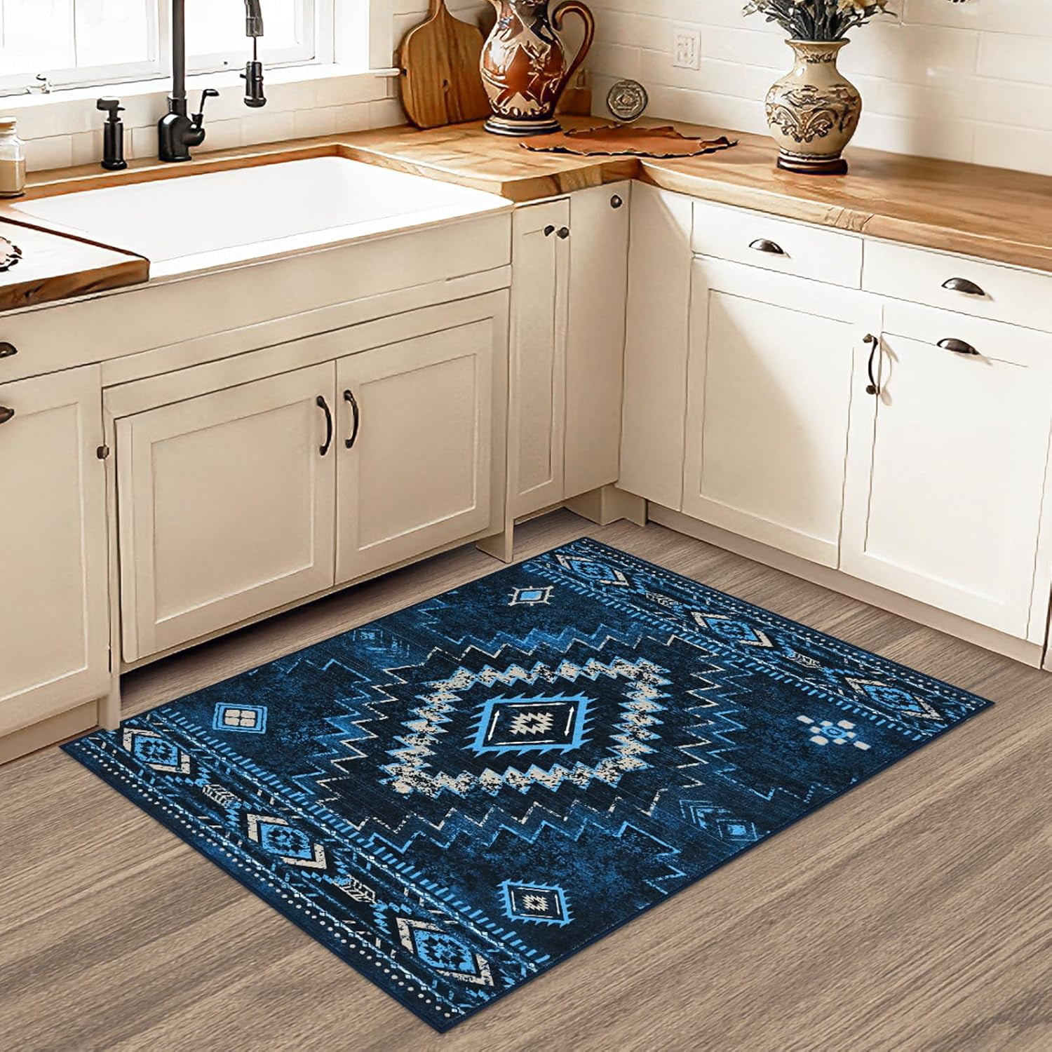 Bleum Cade Moroccan Bathroom Rug,Western Washable 2x3 Small Bath Mat, Boho Tribal Soft Non-Slip Geometric Entry Way Rug, Low-Pile Indoor Carpet for Bedside Entrance Laundry,Blue