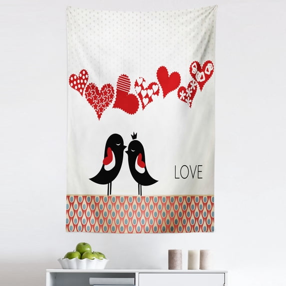Love Tapestry, Queen and King Bird Couple Kissing Hanging Heart Shapes and Abstract Drop Pattern, Fabric Wall Hanging Decor for Bedroom Living Room Dorm, 5 Sizes, Multicolor, by Ambesonne