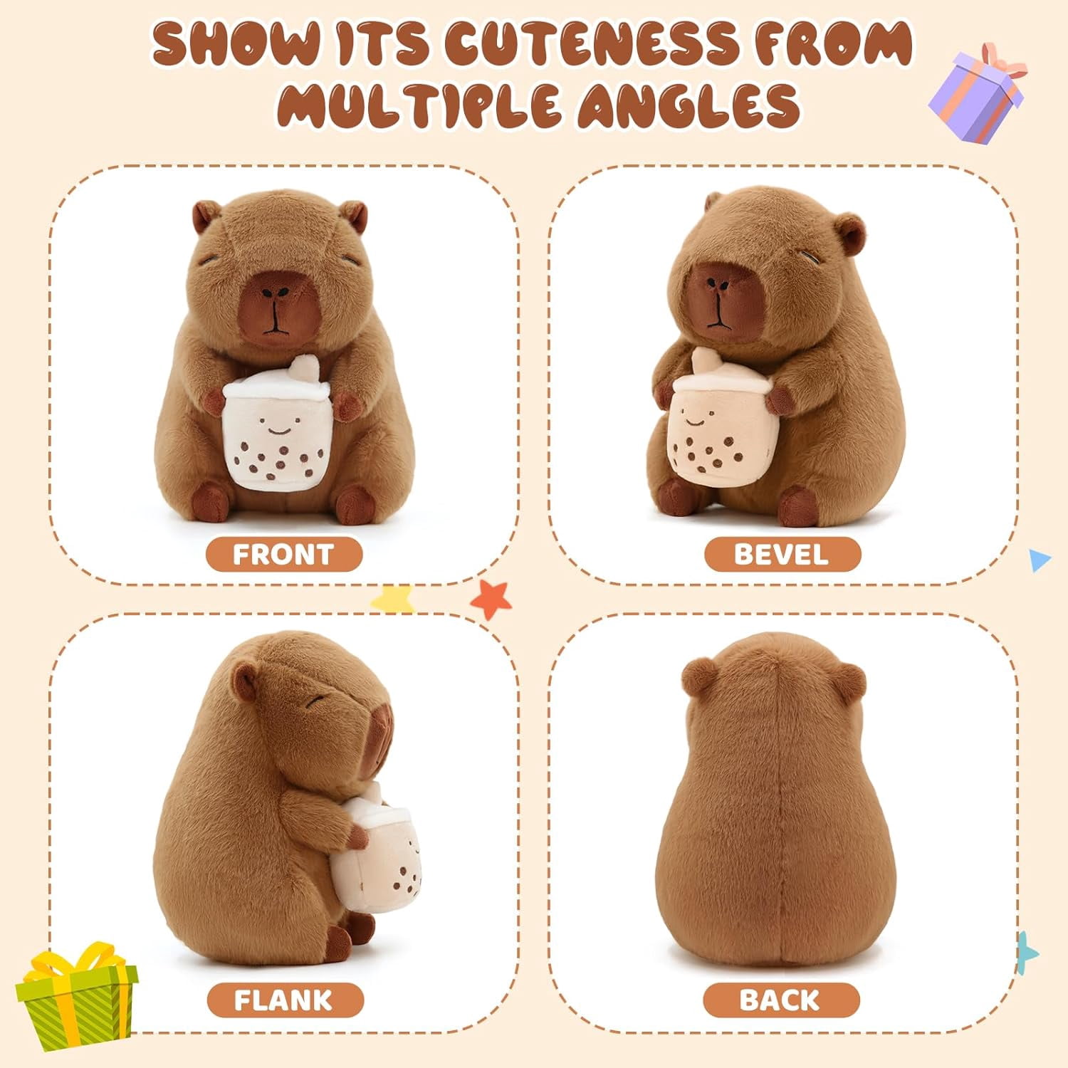 Cute Capybara Plush with Boba - 13-inch Kawaii Capybara Stuffed Animal Pillow Soft Stuffed Plush Toy - Capybara Party Decoration, Kawaii Hugging Gifts for Kids