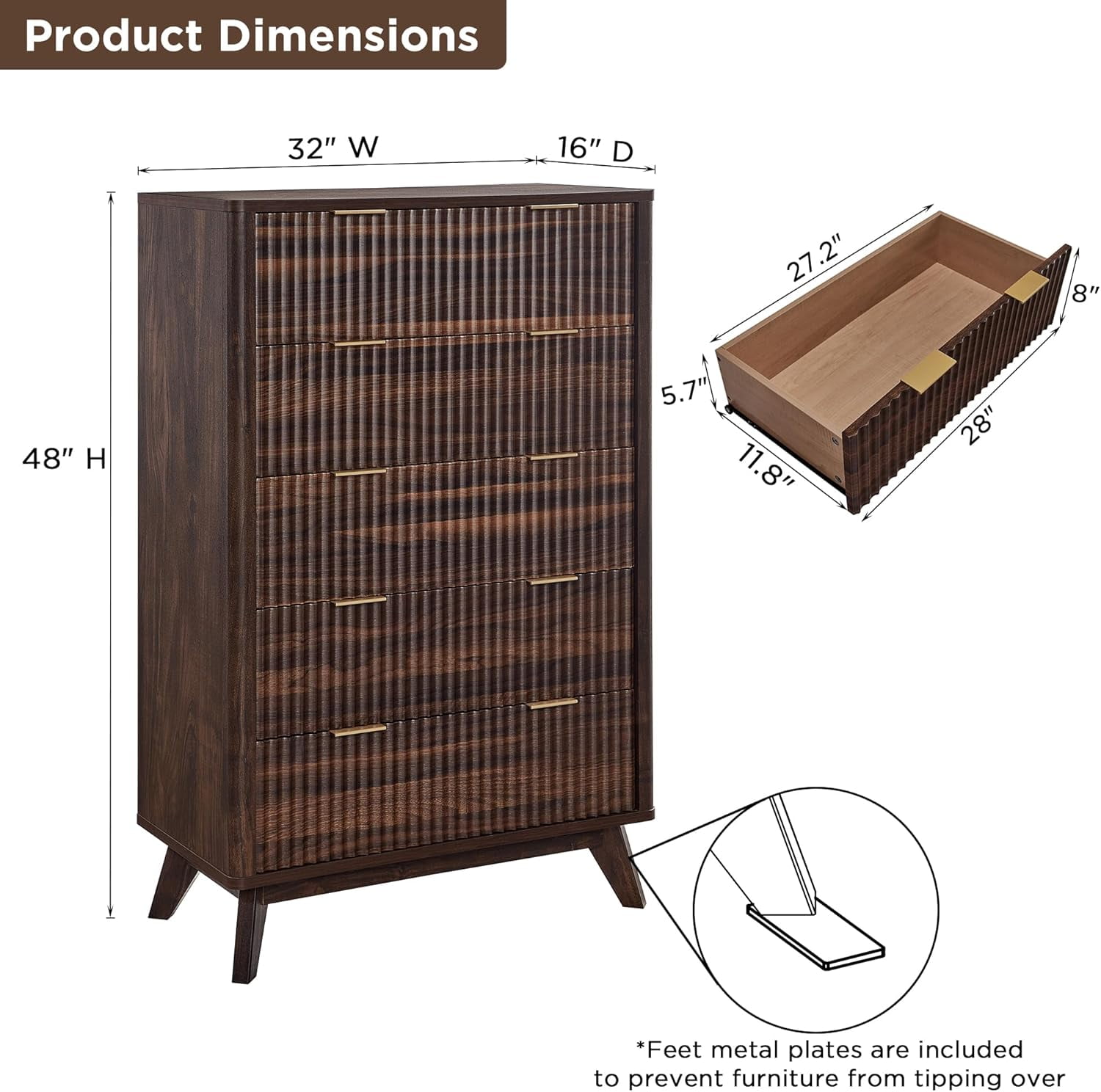 OKD 5 Drawer Dresser for Bedroom with Faux Marble Top, Modern Wood Chest of Drawers, Dresser Organizer, Dark Walnut
