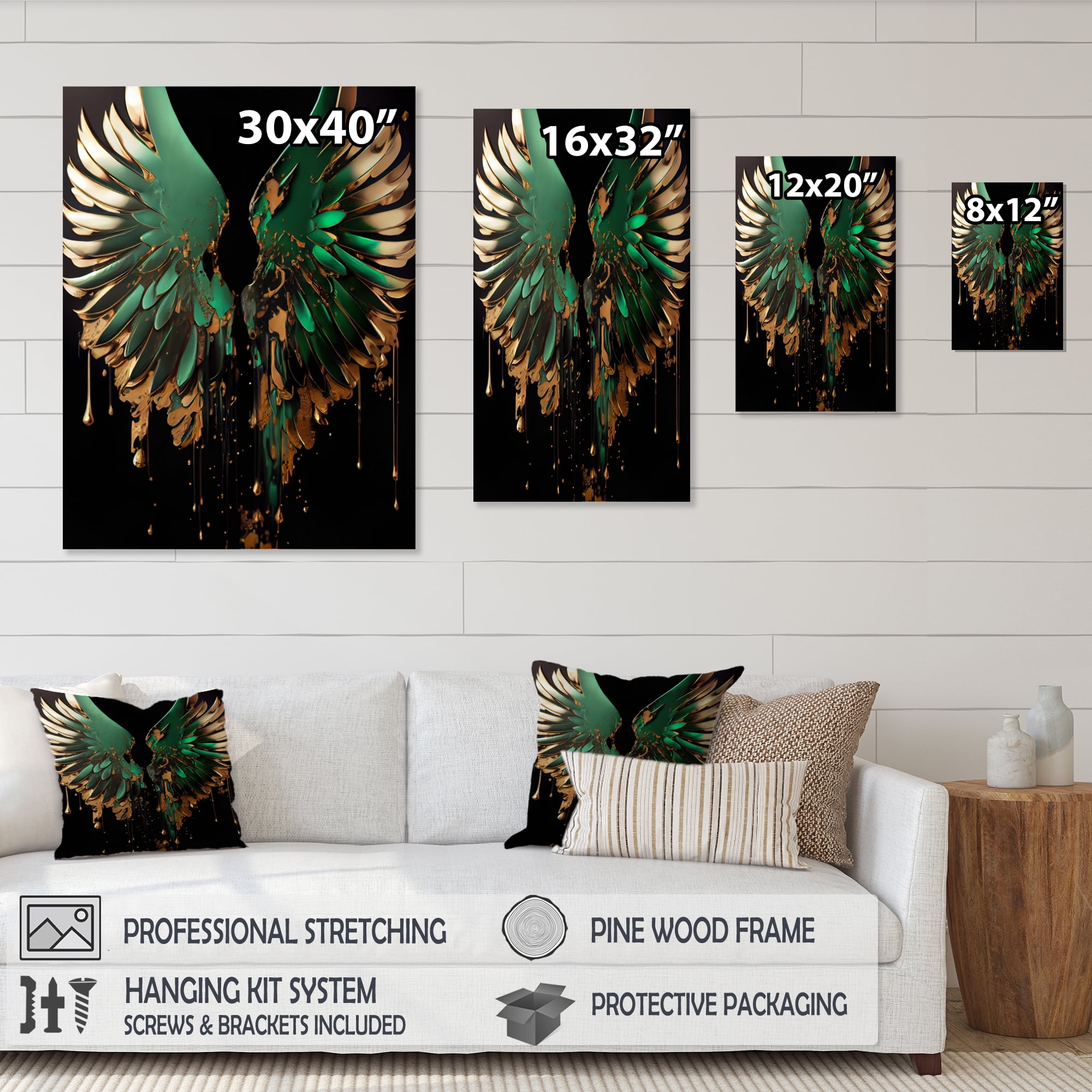 Designart Green And Gold Angel Wings II Canvas Wall Art