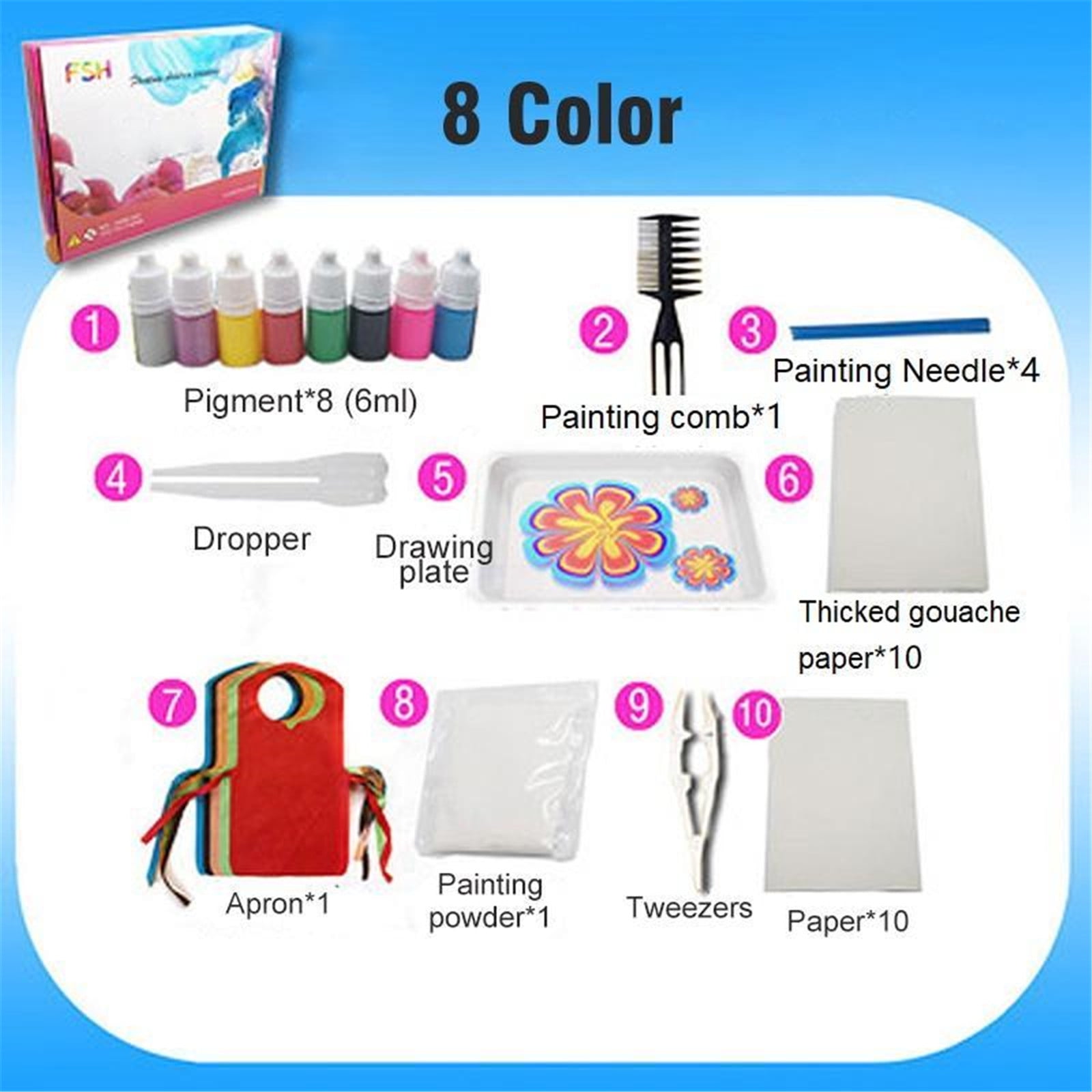 SPOORYYO 8 Colors Kids Watercolor Paint Set - 50ML Wet Painting Materials, DIY Art Supplies for Children, Safe & Easy to Clean, Includes Brushes, Gouache Paper, Apron