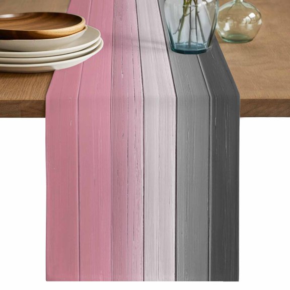 Table Runner 36 Inch Long - Grey Gradient Farm Wood Board Decorative Table Scarf, Pink Wooden Grain Dining Table Runners for Wedding Party Kitchen Dining Tables