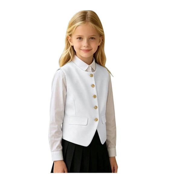 Vdoaml Girls formal Vest Waistcoat Kids Sleeveless Gold Button Dress Vests with Pockets Children Uniform Outerwear 8-9 Years White