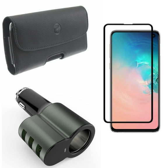 Galaxy S10e Screen Protector w Car Charger w Case Belt Clip - Tempered Glass 5D Curved Edge, 25W 3-Port USB 5.1Amp, Leather Holster Cover for Samsung Galaxy S10e Phone