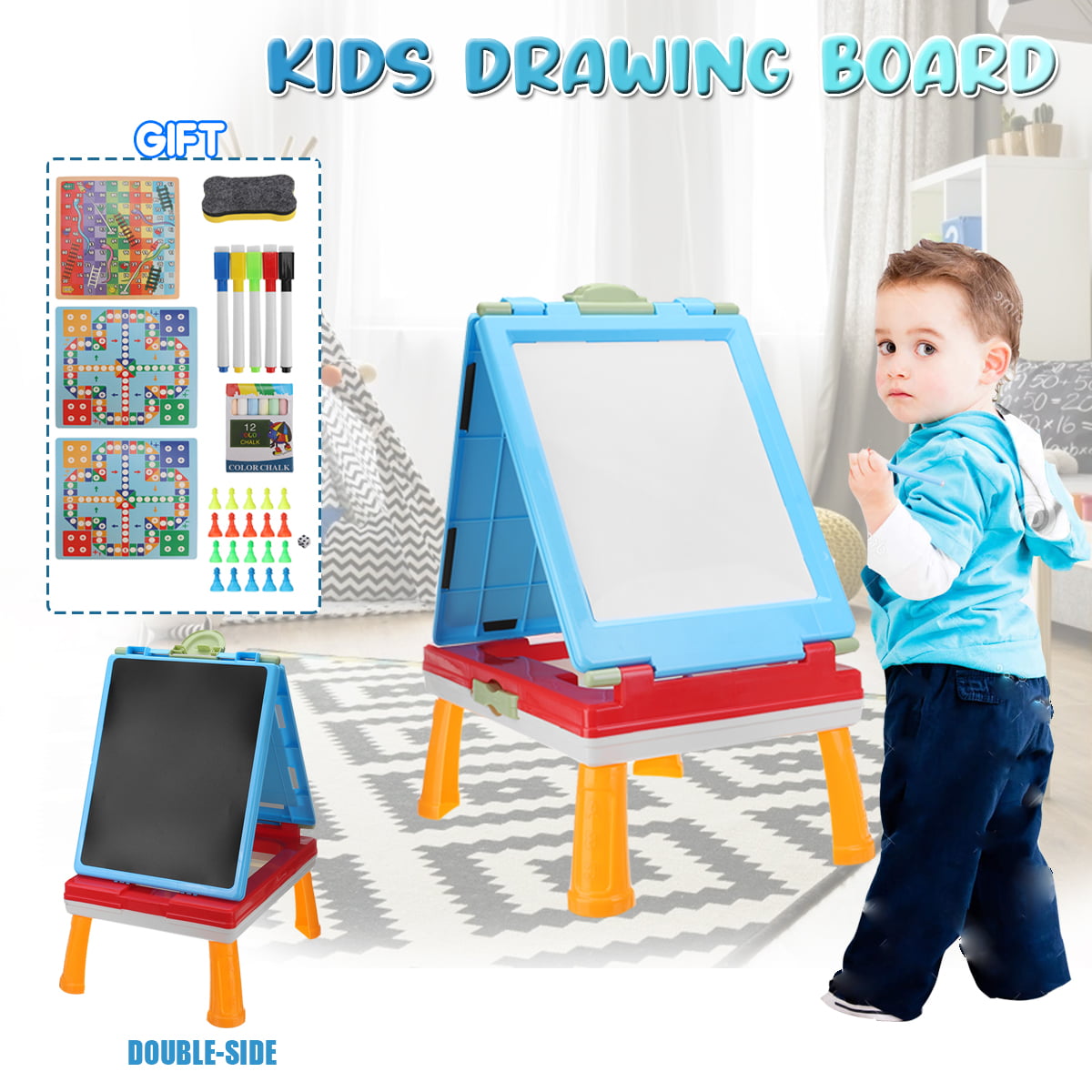 Kids Double-Sided Art Easel Brown Whiteboard/Drawing Board Home Learning Toy 