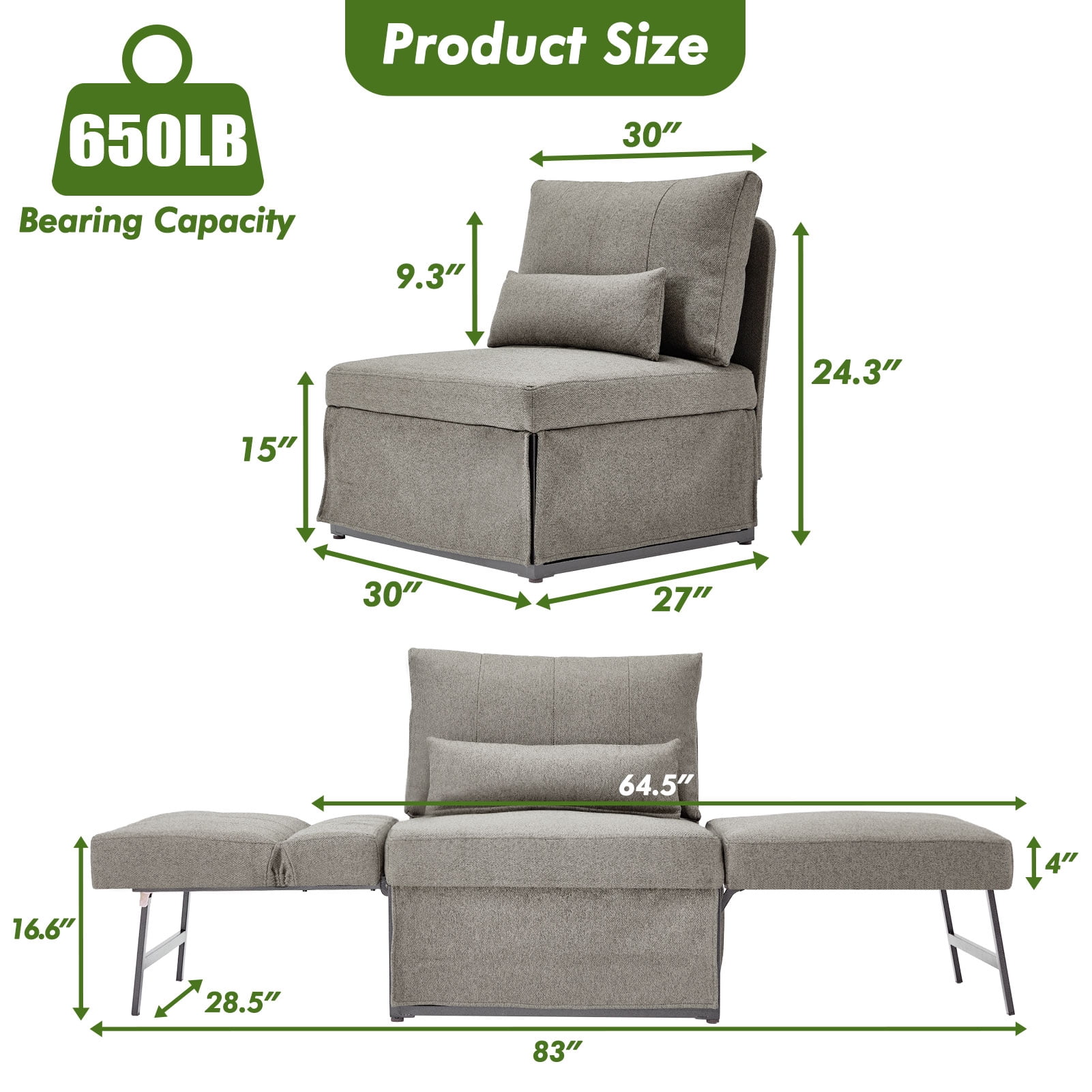 zzw 5-in-1 Convertible Sleeper Sofa Chair, Adjustable Linen Folding Ottoman Bed, Assembly-Free for Apartment Living Room