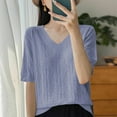 thumbnail image 2 of Wyobmus Women's V Neck Stops Casual Knitted Jacquard Short Sleeve Shirts Loose Summer Breathable Eyelet Tees Blue, 2 of 3
