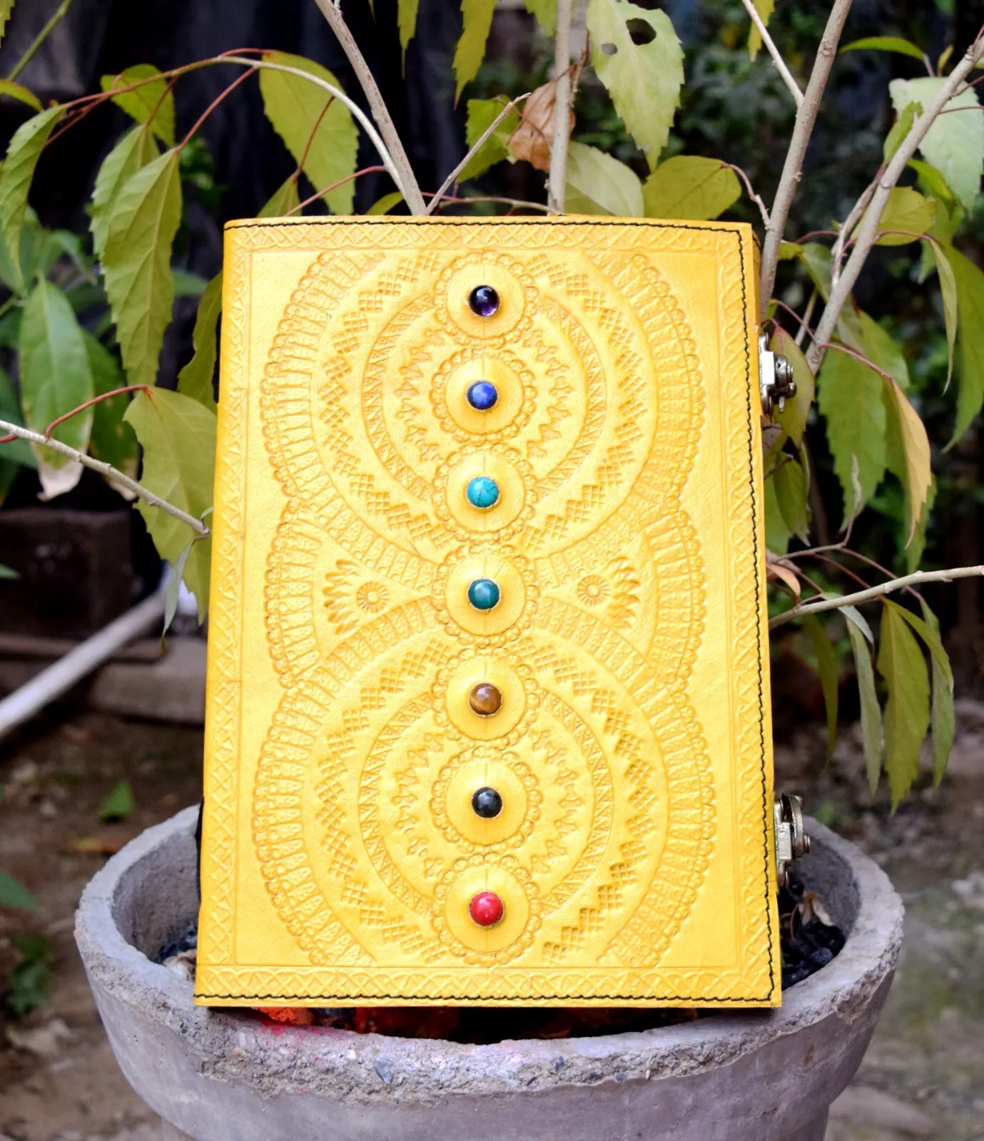 Handcrafted Embossed Design Vintage Leather Bound Journal Seven Stone Grimoire Yellow Diary Blank Notebook For Men & Women