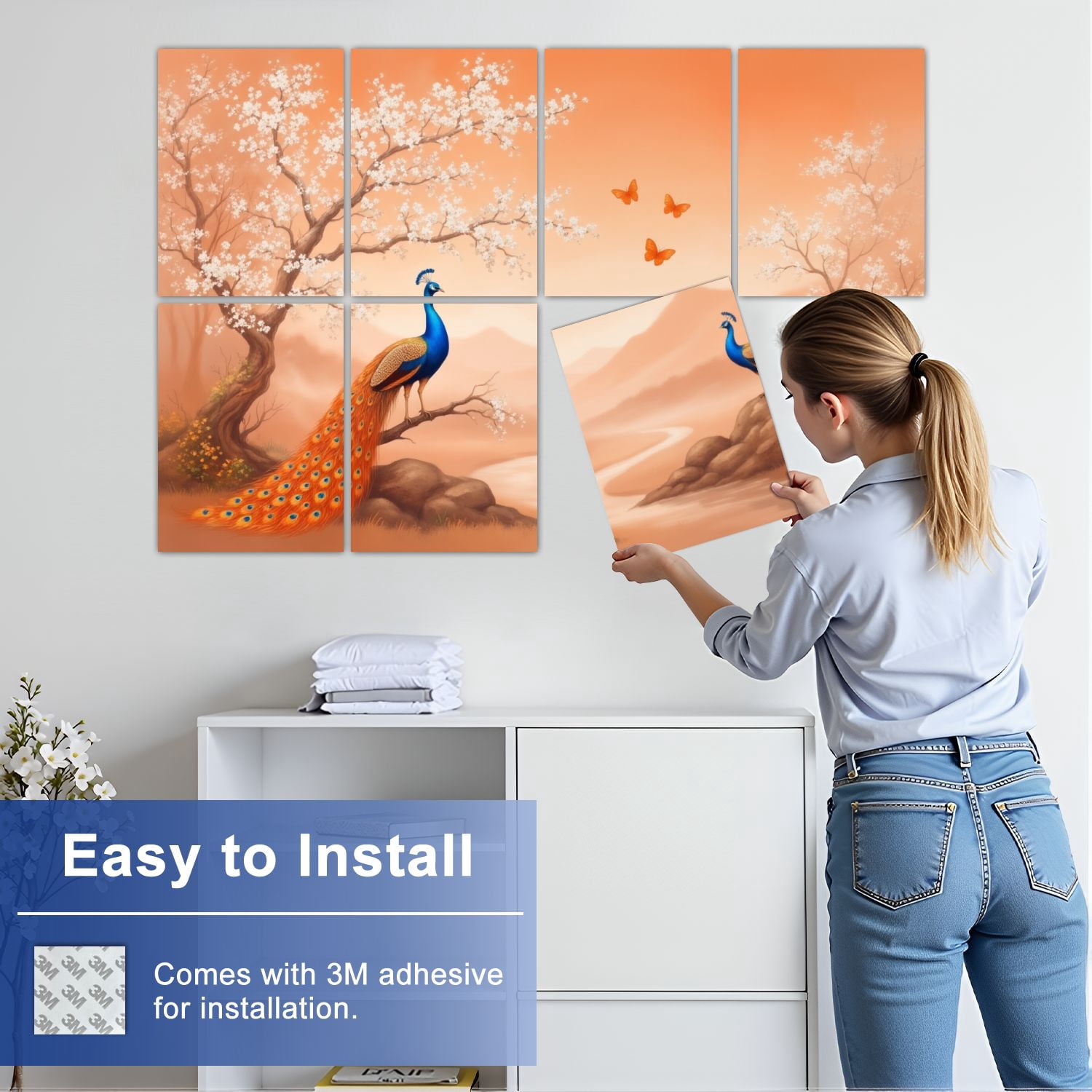 Vintage 8 Pack Art Acoustic Panels Sound Absorbing Peacocks Blossoming Trees Warm Sunset Landscape Orange Tones Decorative Soundproof Wall Panels Self Adhesive for Nursery Game Room Bedroom 48"x32"