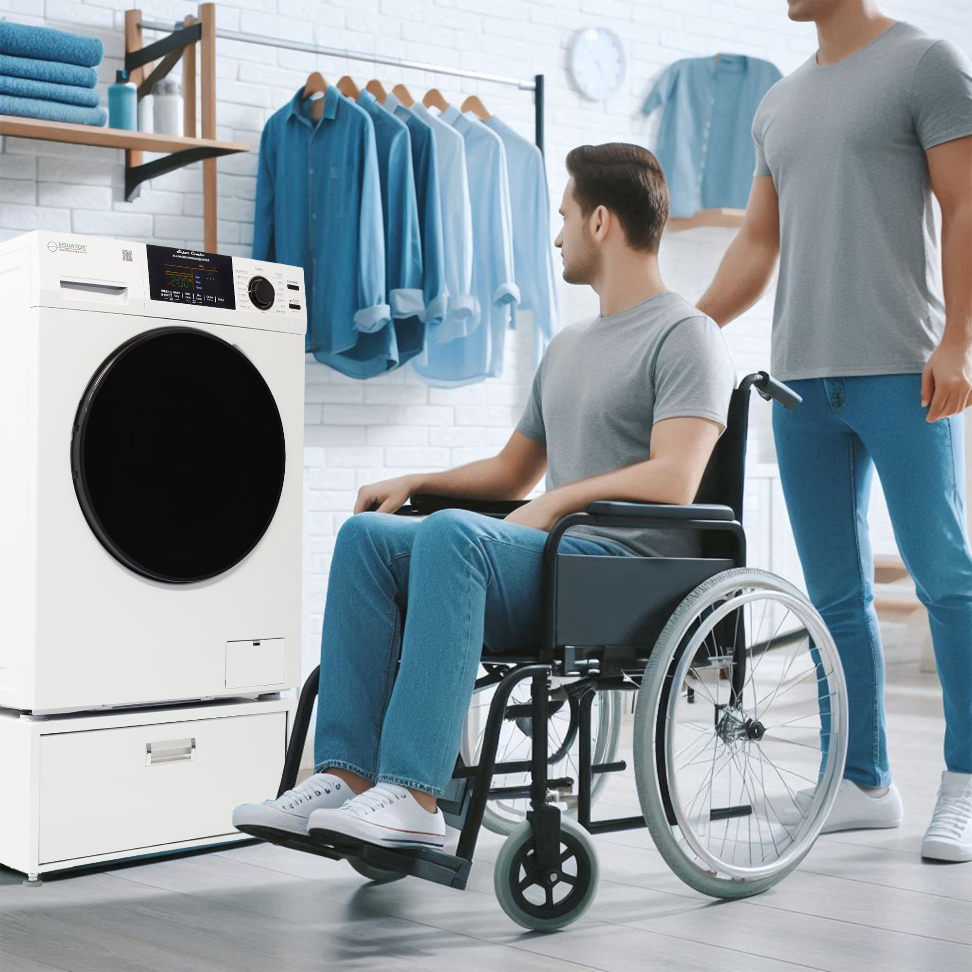 Equator All-in-One Washer Dryer VENTED-DRY 30% FASTER than Condense 15lb 110V with Pedestal, Child Lock and Adjustable Legs