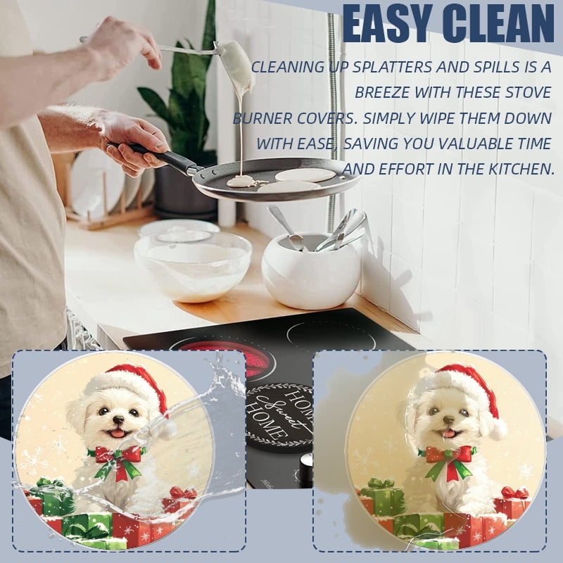 Christmas Stove Burner Covers for Electric Stove, Portrait of Maltese Puppy in Santa Hat Round Mental Easy to Clean Gas Stove Burner Covers Set of 4 for Kitchen, 8 Inches and 10 Inches