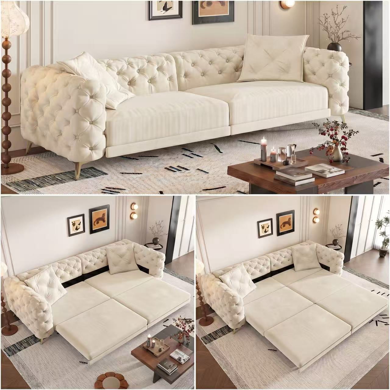 AISWORD 97.7" King Size Pull Out Sofa Bed, Velvet Chesterfield Sleeper Couch, 3-in-1 Convertible Tufted Futon with Ottoman, Beige