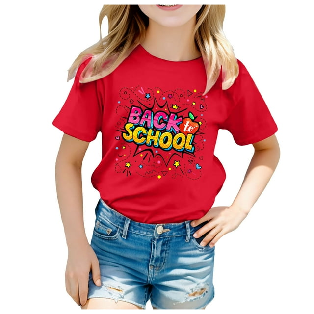 Chemises Filles Enfants Saison Scolaire Rentrée Scolaire Imprimé Manches Courtes Décontracté Hauts Filles, T-Shirts Rouge 11 Ans-12 Ans