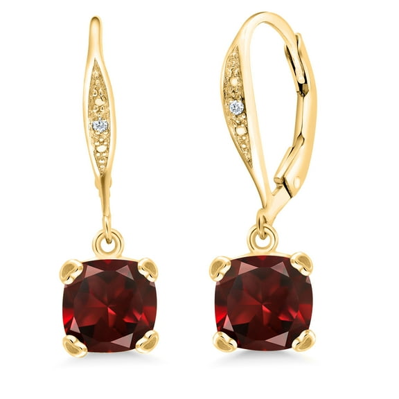 Gem Stone King 18K Yellow Gold Plated Silver Red Garnet and White Diamond Earrings for Women (3.71 Cttw, Gemstone January Birthstone, Cushion 7MM)