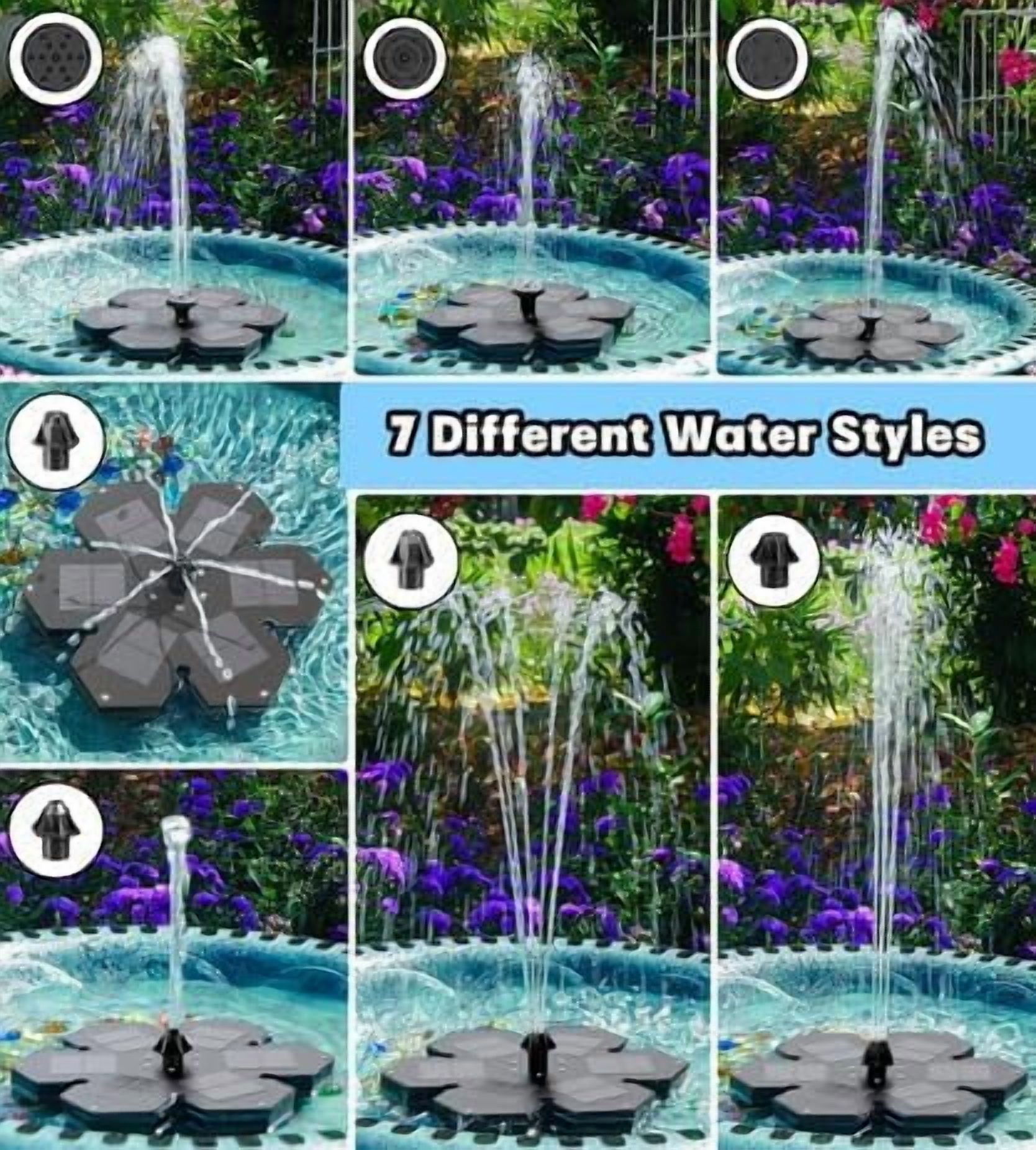 3.5W Upgraded Solar Fountain, Snowflake Double Layer Colorful Lights, 2000mAh Battery, 4 Fixed Brackets & 7 Nozzles, Outdoor Fountain for Garden, Patio and Pond Decoration