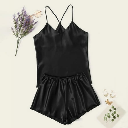 

TANGNADE Vintage Women Sexy-Lingerie Sleepwear Satin Silk Babydoll Lace Up Nightwear Pajamas Set