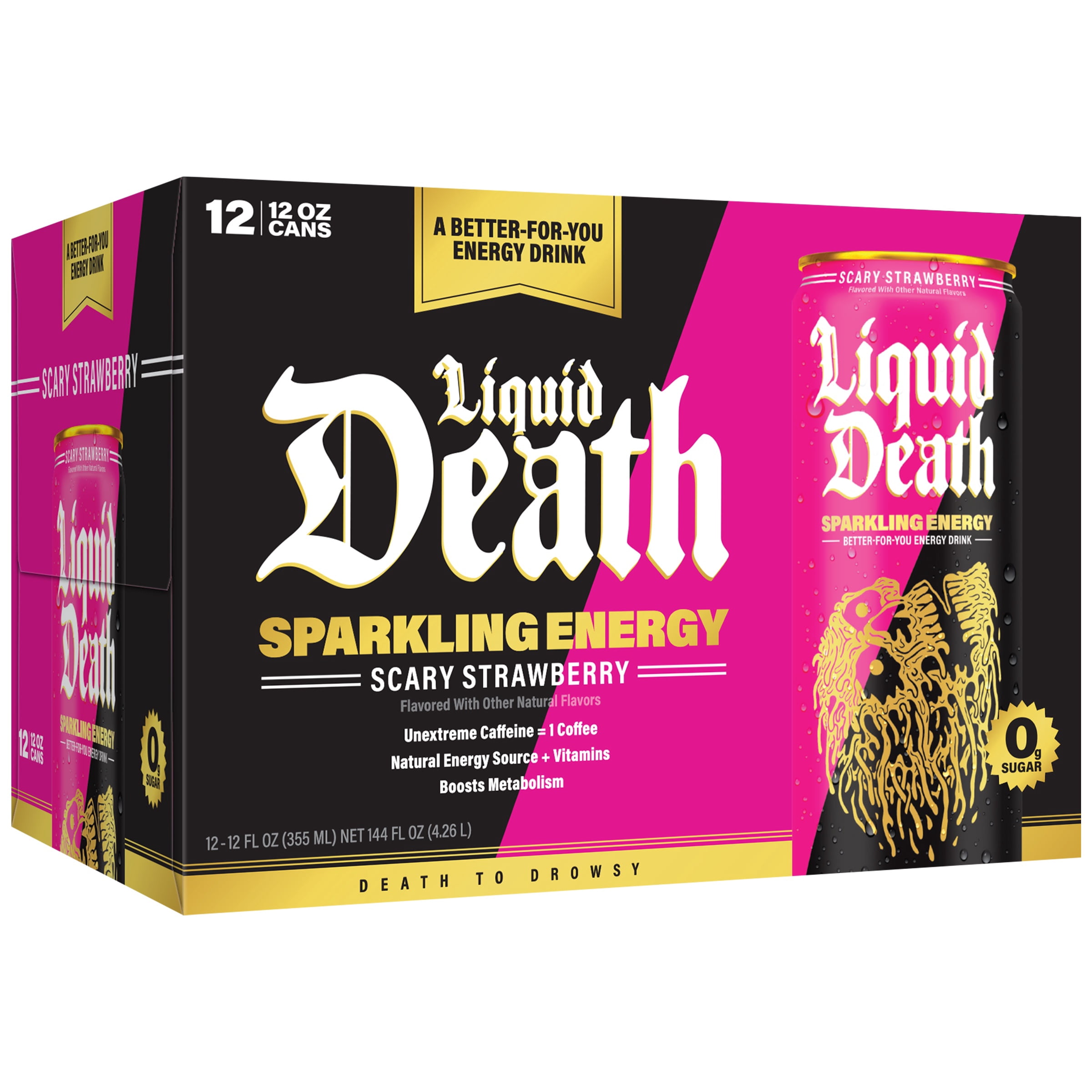 Liquid Death Sparkling Energy - Tropical Terror, Sugar-Free Energy Drink, Unextreme Caffeine 100mg, Essential Vitamins, 12 Fl Oz (Pack of 12)