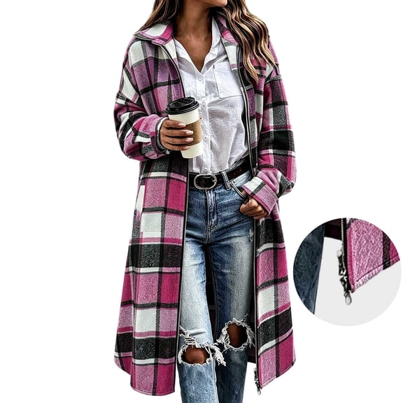 QQZ Womens Double Zipper Zip Up Long Hoodie Jacket Lightweight Tunic Sweatshirt Checkered Open Front Cardigan,S-2XL Women’s Jackets Fall Long Sleeve