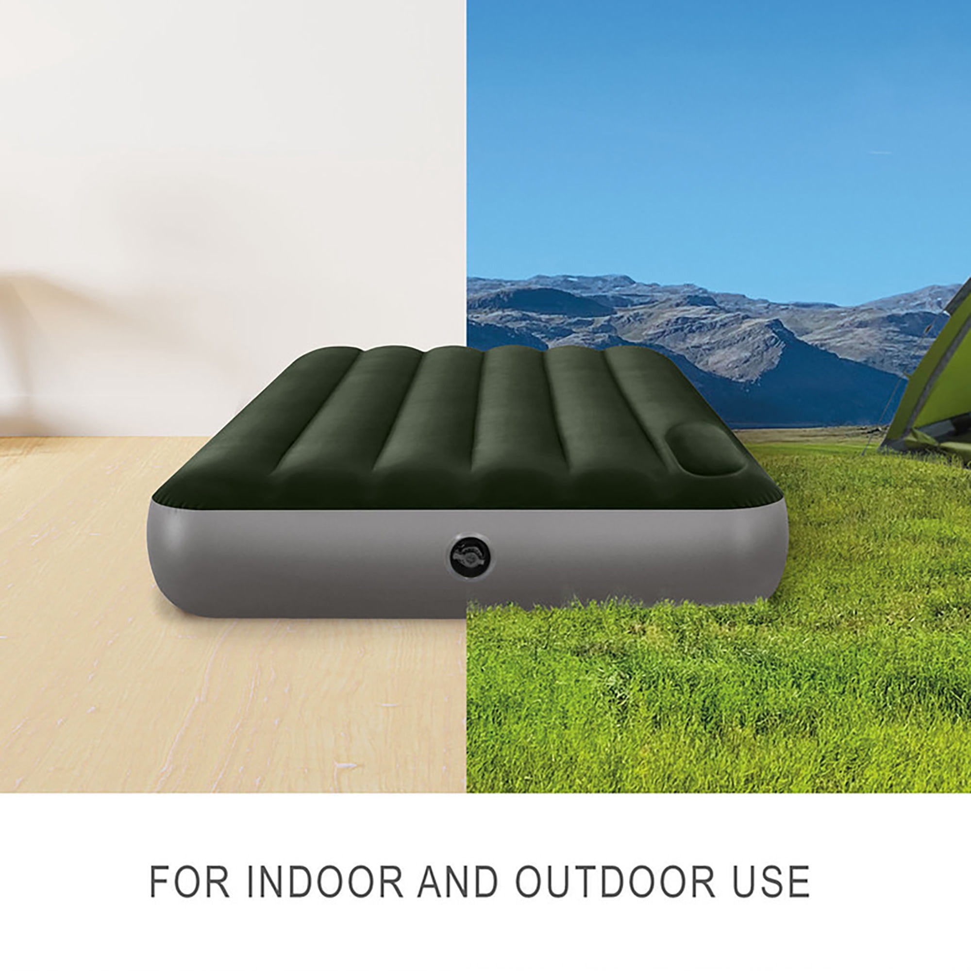 Intex: Dura-Beam: Downy Airbed - Twin - Green, 10" Inflatable Mattress, Built-In Foot Pump, Fiber-Tech, Carry Bag, Indoor-Outdoor, 300lb Cap, 64761E