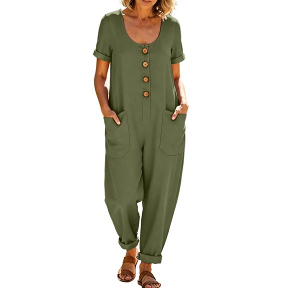 JULMCOMO Jumpsuits for Women Scoop Neck Short Sleeve Button Down Casual Rompers Loose Fit Summer Harem Pants with Pockets Army Green 2XL