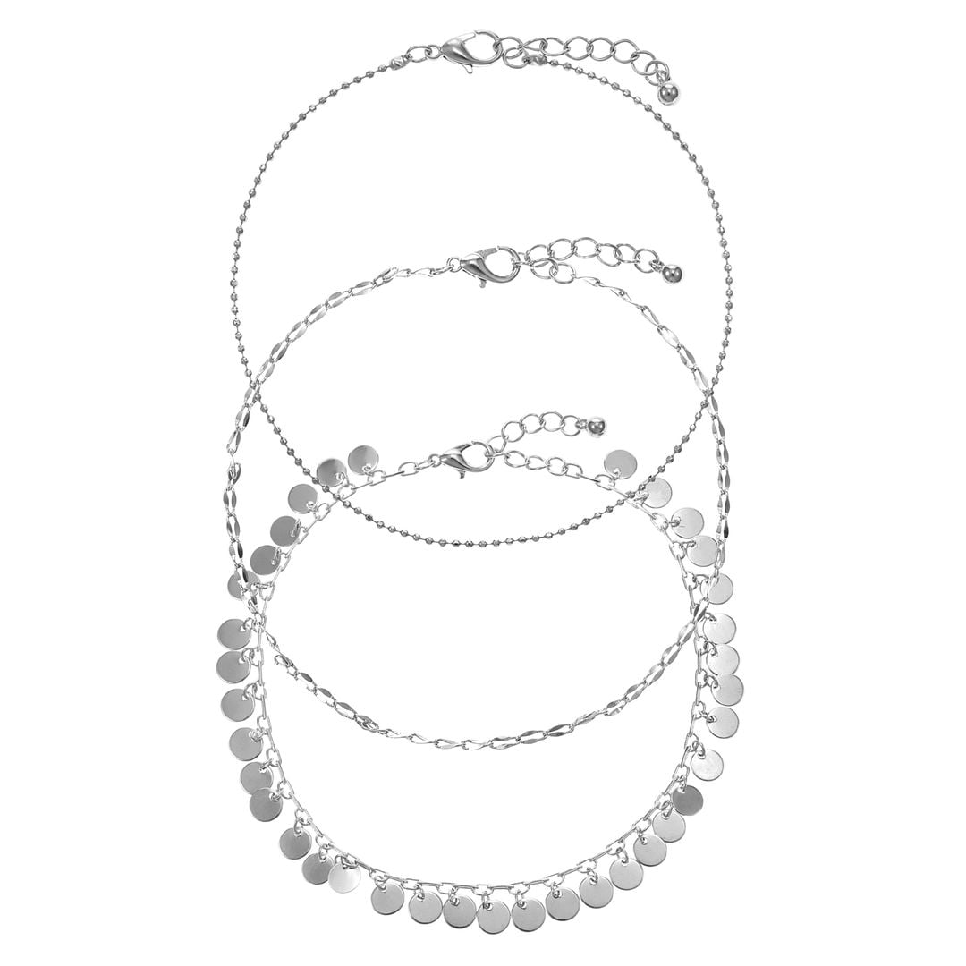 No Boundaries Silver Anklet Set, 3 Pieces
