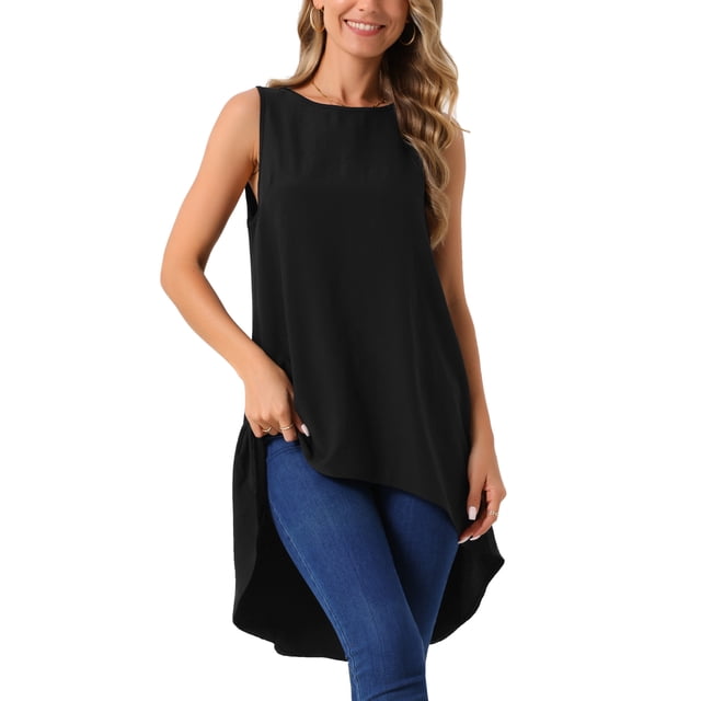 INSPIRAR CHIC Top sin mangas para mujer, cuello redondo, dobladillo asimétrico, ajuste holgado, blusa casual de largo alto y bajo, negra, talla S