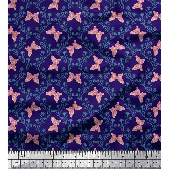 Soimoi Blue Moss Georgette Fabric Flower & Butterfly Decor Fabric Printed BTY 42 Inch Wide