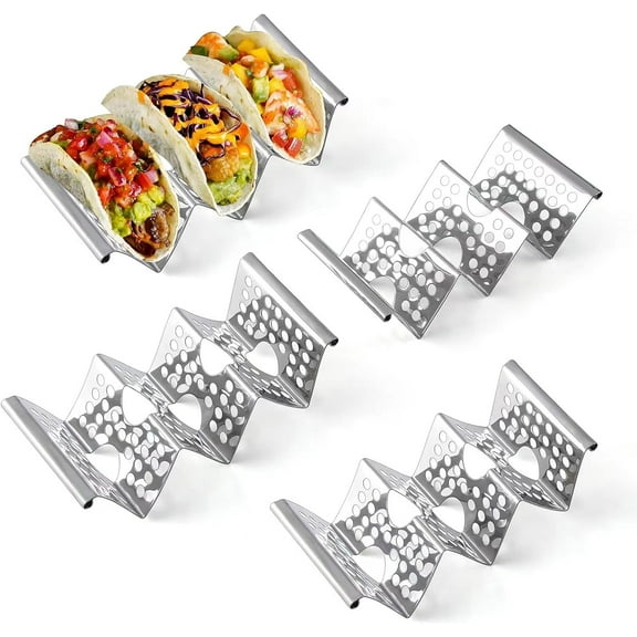 Taco Holders Set of 4, Taco Stand, Stainless Steel Taco Holder, Each Can Hold 3 Tortillas, with Easy-Access Handle, Fits Microwave, Air Fryer and Oven