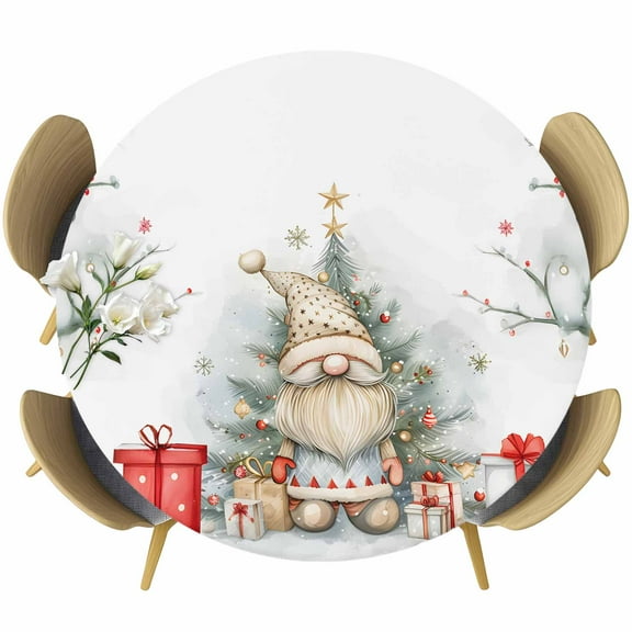 Christmas Round Tablecloth 55-60 Inch Round Fitted Table Cloth with Elastic Edge, Xmas Gnomes Tree Snowflake Botanical Waterproof Table Cover Protector for Outdoor Picnic Party Dining